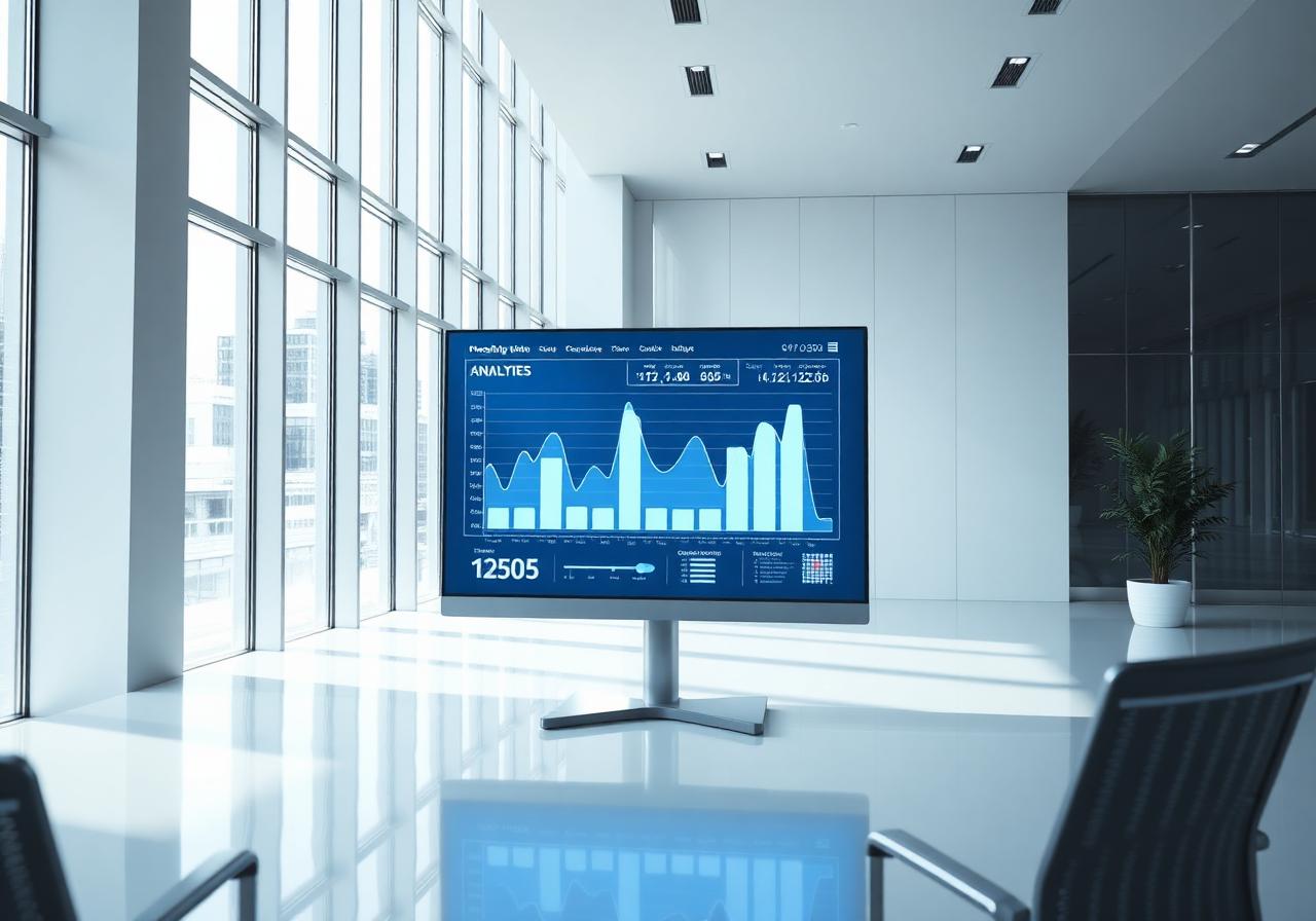 Analytics dashboard glowing on a monitor in a modern executive office