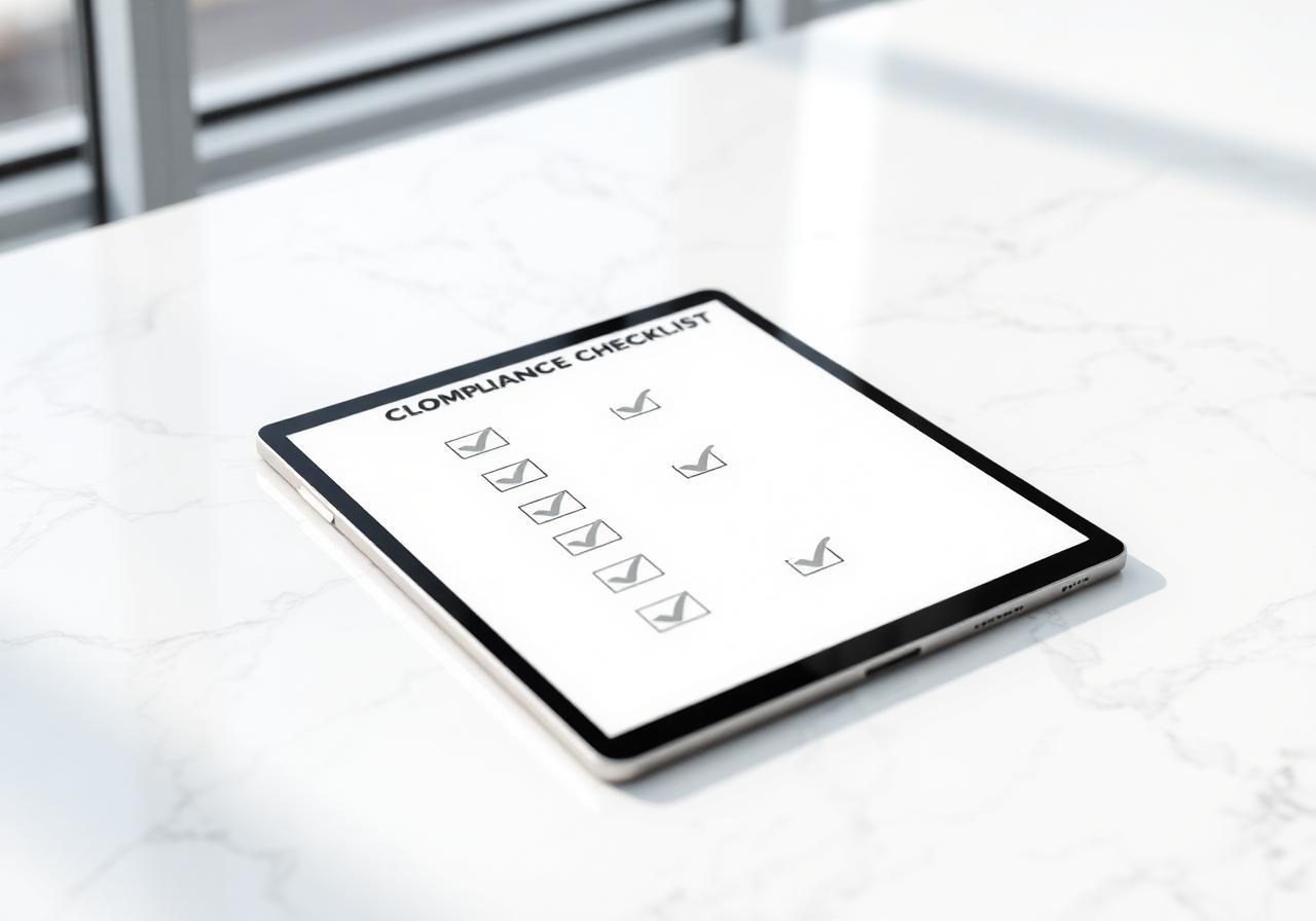 Compliance checklist with green checkmarks on a polished desk