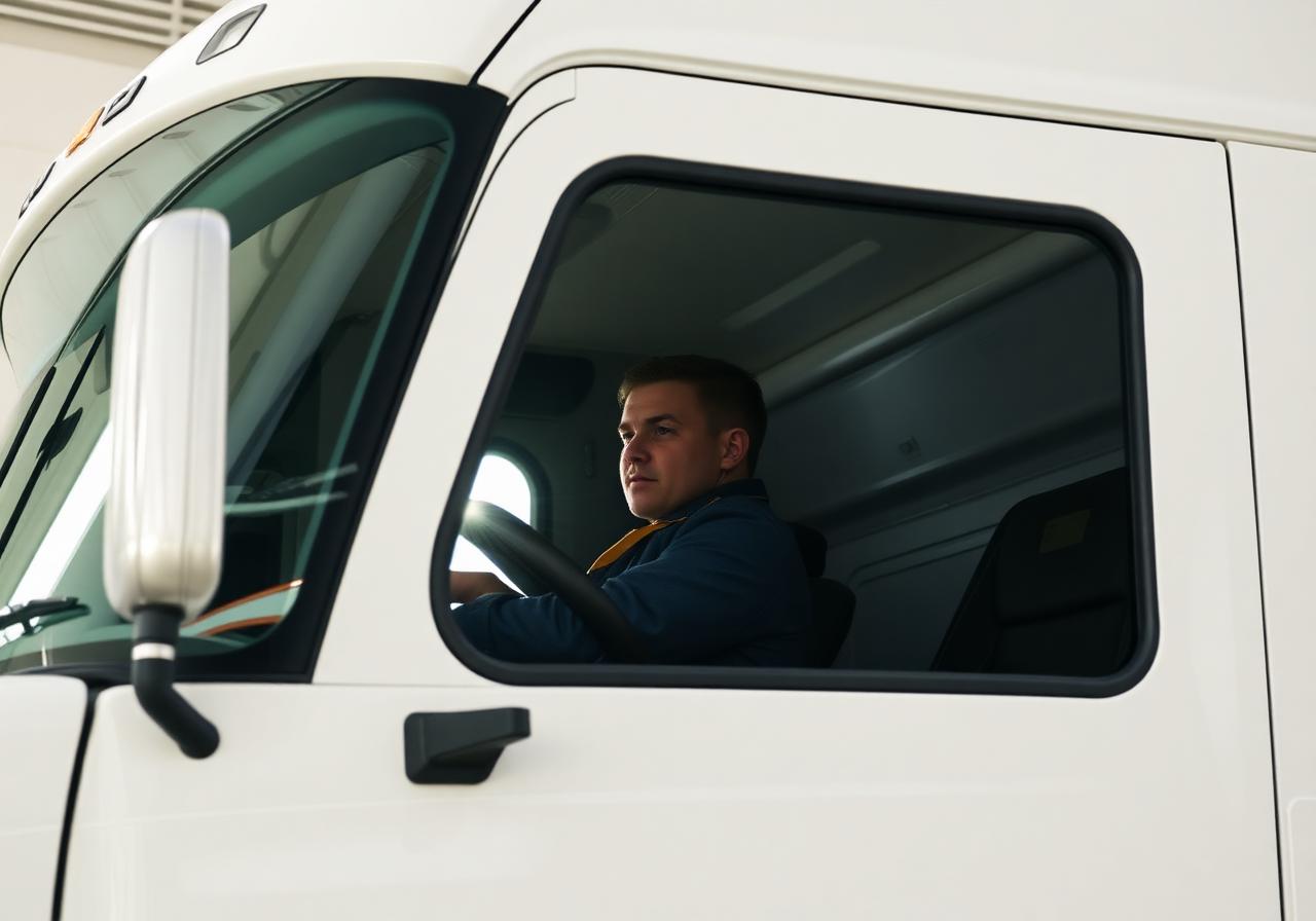 CDL student in the cab of a semi-truck during training
