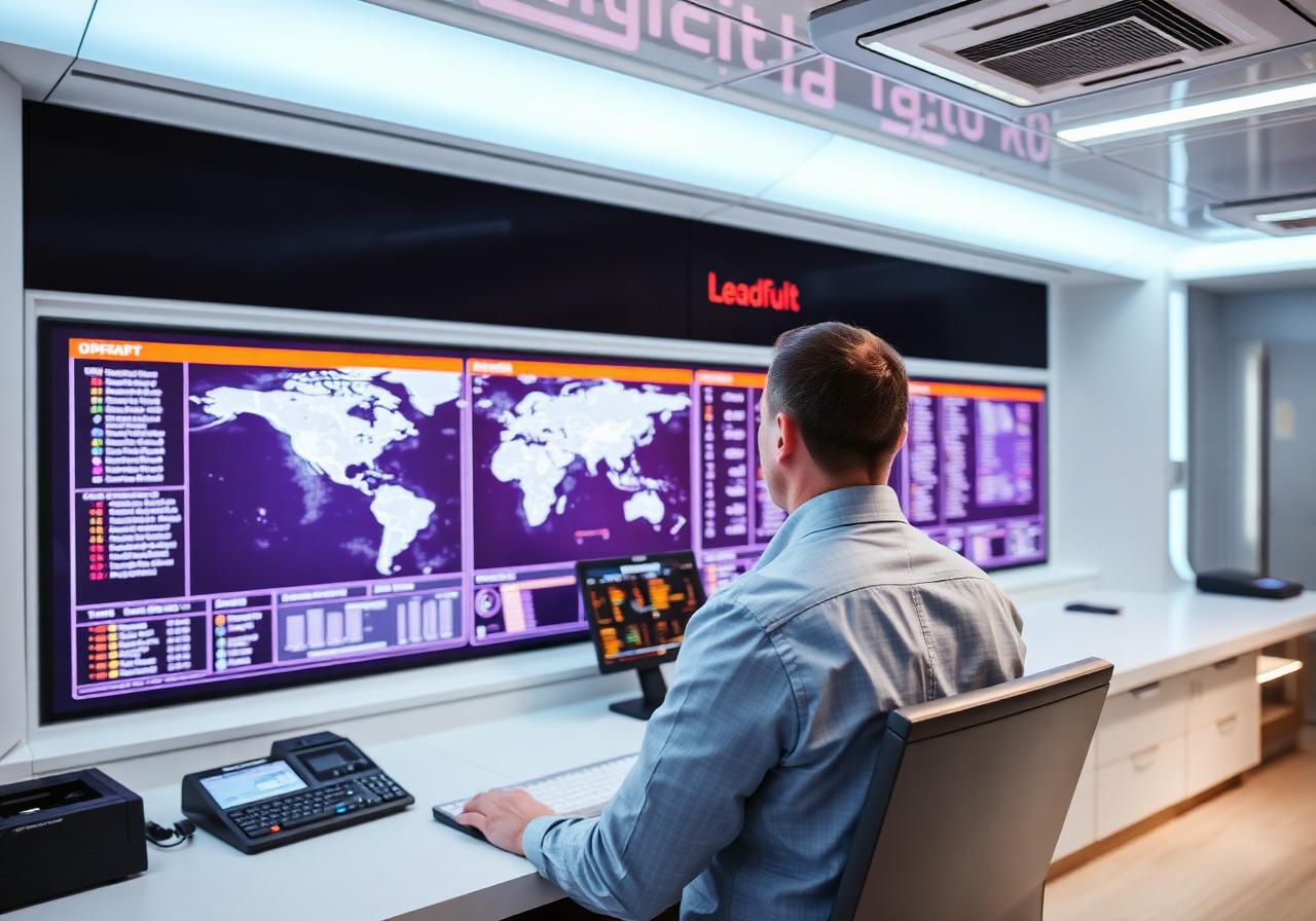 Dispatcher viewing a glowing wall-mounted loadboard map