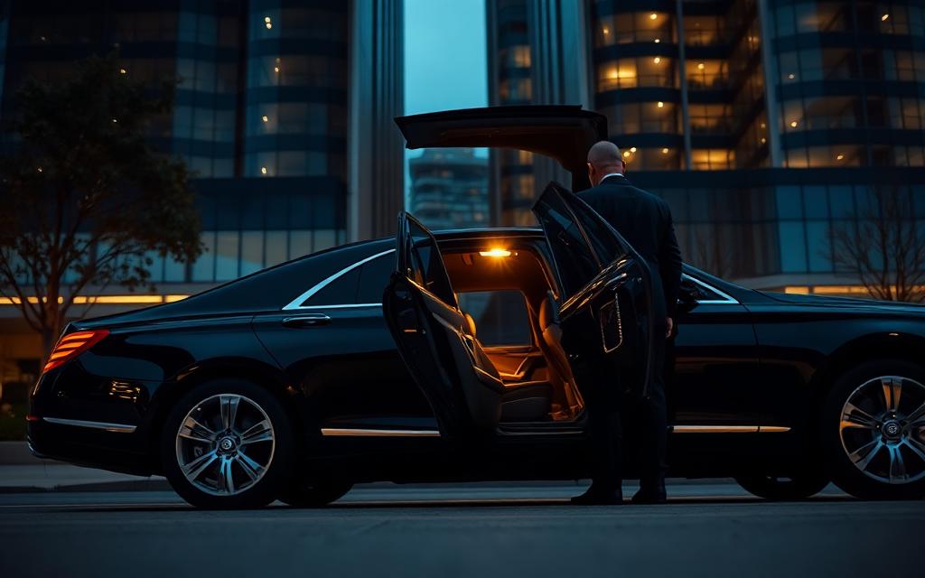 Chauffeur in a dark suit opening the rear door of a black luxury sedan curbside at dusk