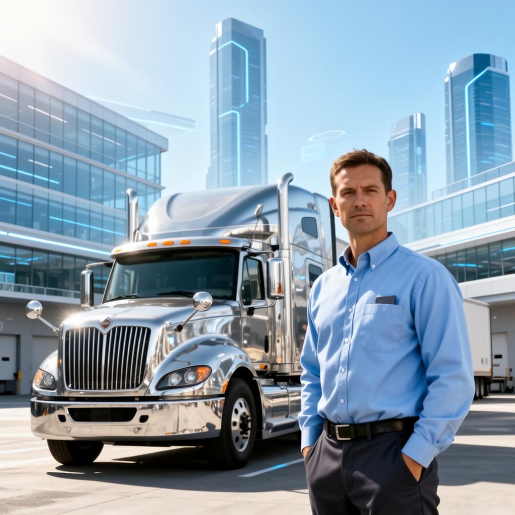 Professional CDL truck driver standing beside a polished semi at golden hour