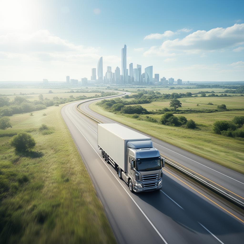 Aerial view of freight truck on a winding highway at golden hour