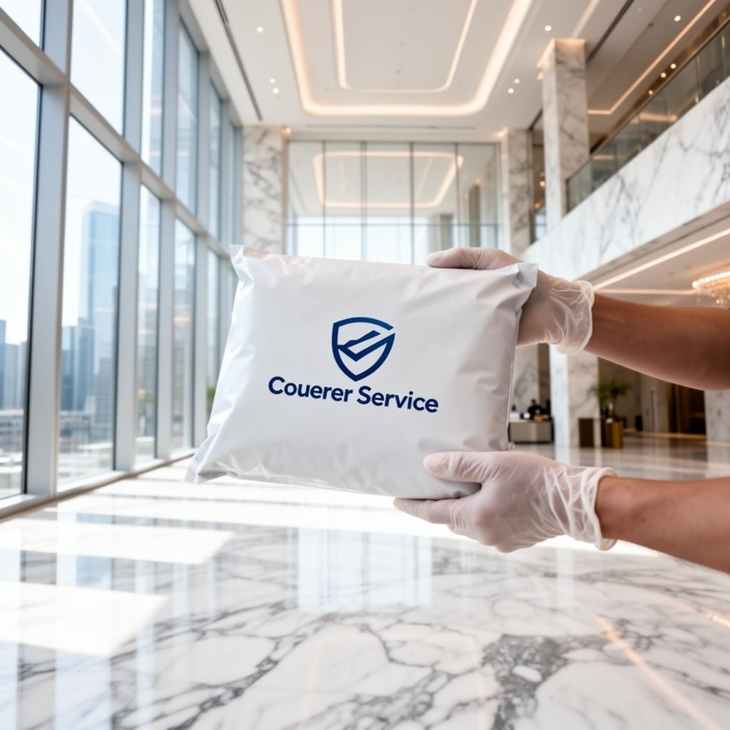 Gloved courier hands holding a sealed branded package in a marble lobby