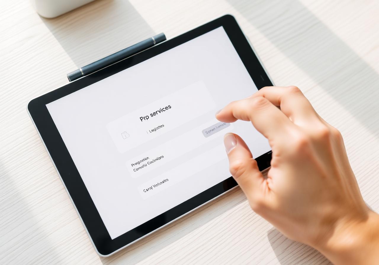 Hand selecting an option on a logistics booking tablet
