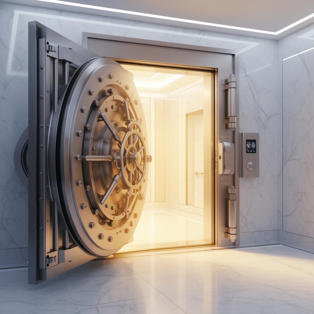 Secure vault door slightly ajar with warm light, symbolic of held funds