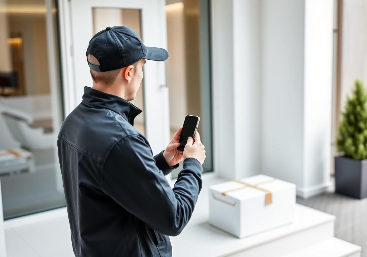 Courier taking a proof photo of a package on a doorstep